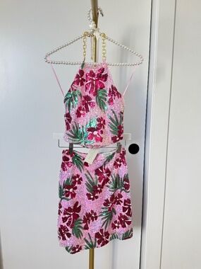 NWT Rachel Zoe Pink Sequin Floral halter neck top  + skirt set – XS